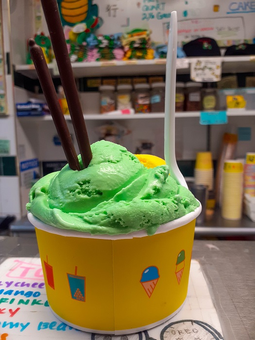The Ice Cream Factory in Chinatown Manhattan is famous for a huge variety of exotic flavors, such as durian and pandan.