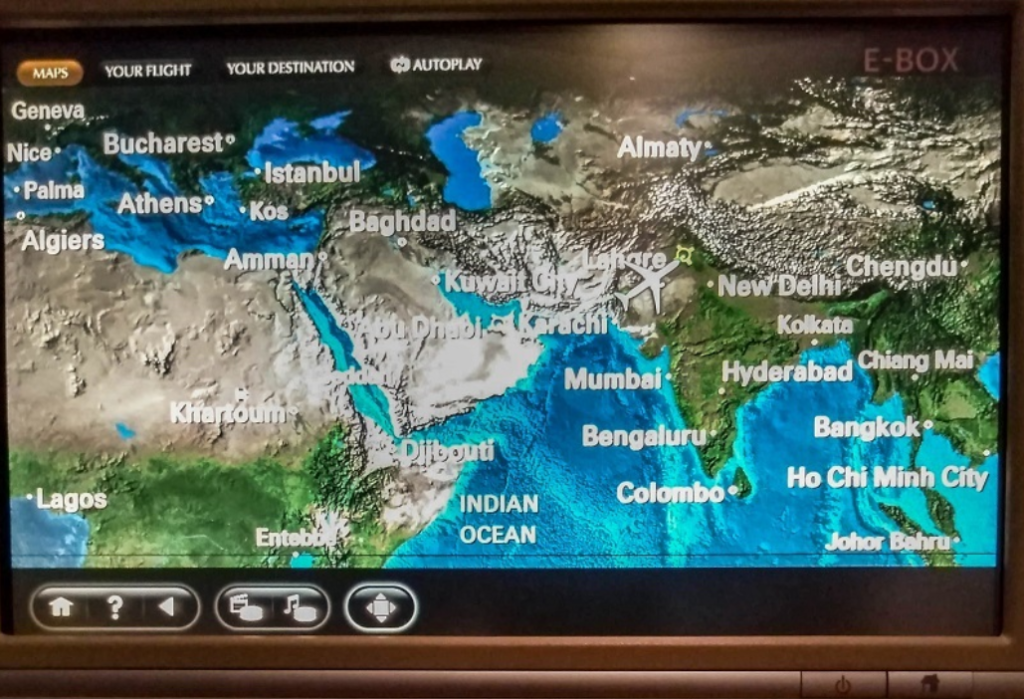 The in-f;ight moving map of an Etihad Airways flight from Abu Dhabi to Lahore.