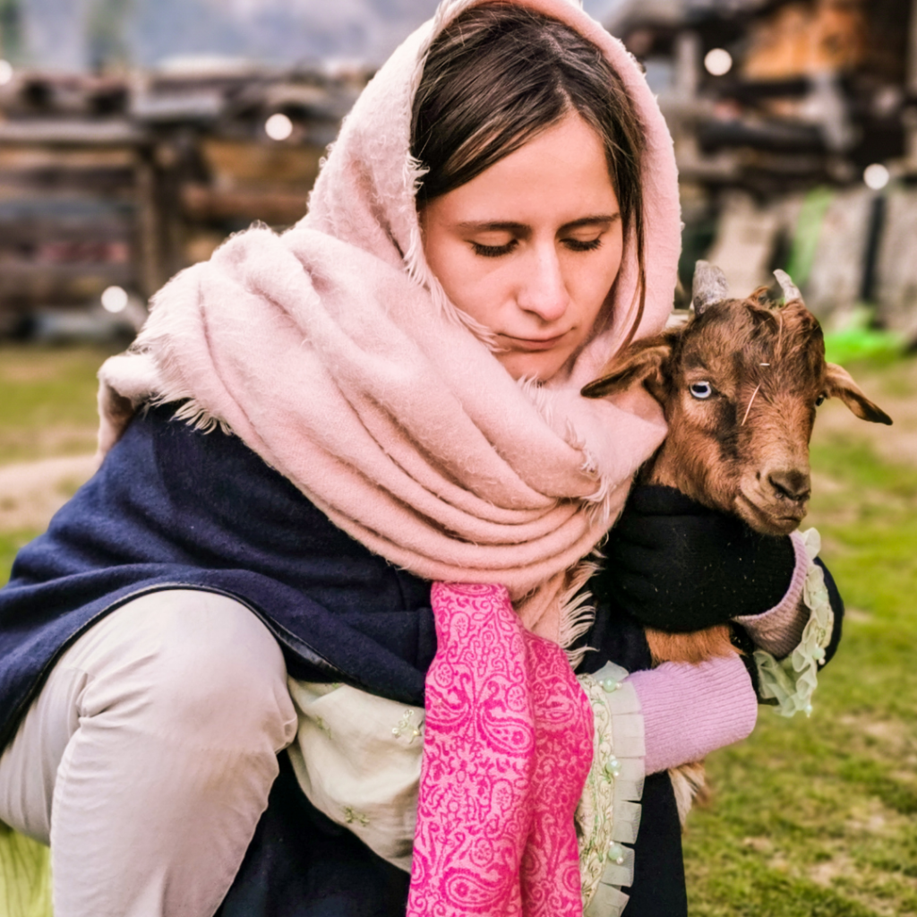 Fairy Meadows And Nanga Parbat Basecamp Trek - Everything You Need To Know 22 Girl hugging baby goat in Fairy Meadows, Pakistan.