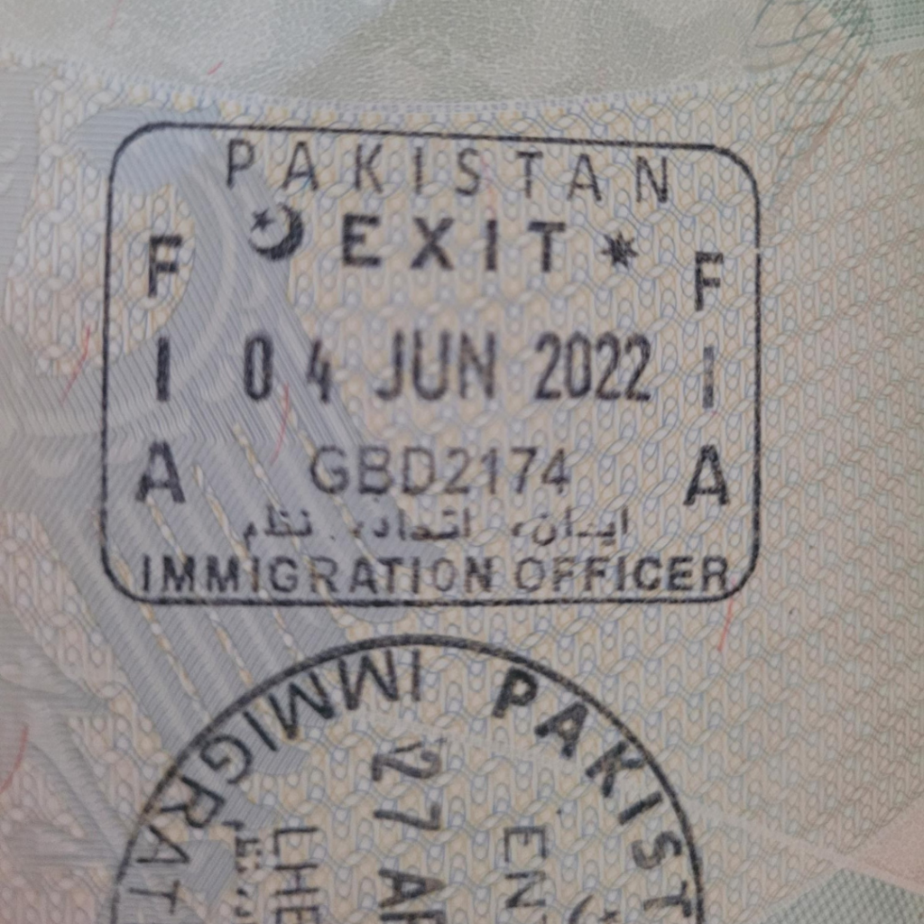 Pakistan exit stamp from Gabd border.