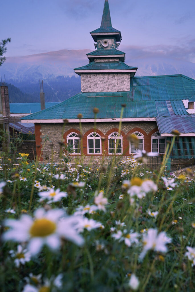 Sunrise at a mosque in Gulmarg, Kashmir