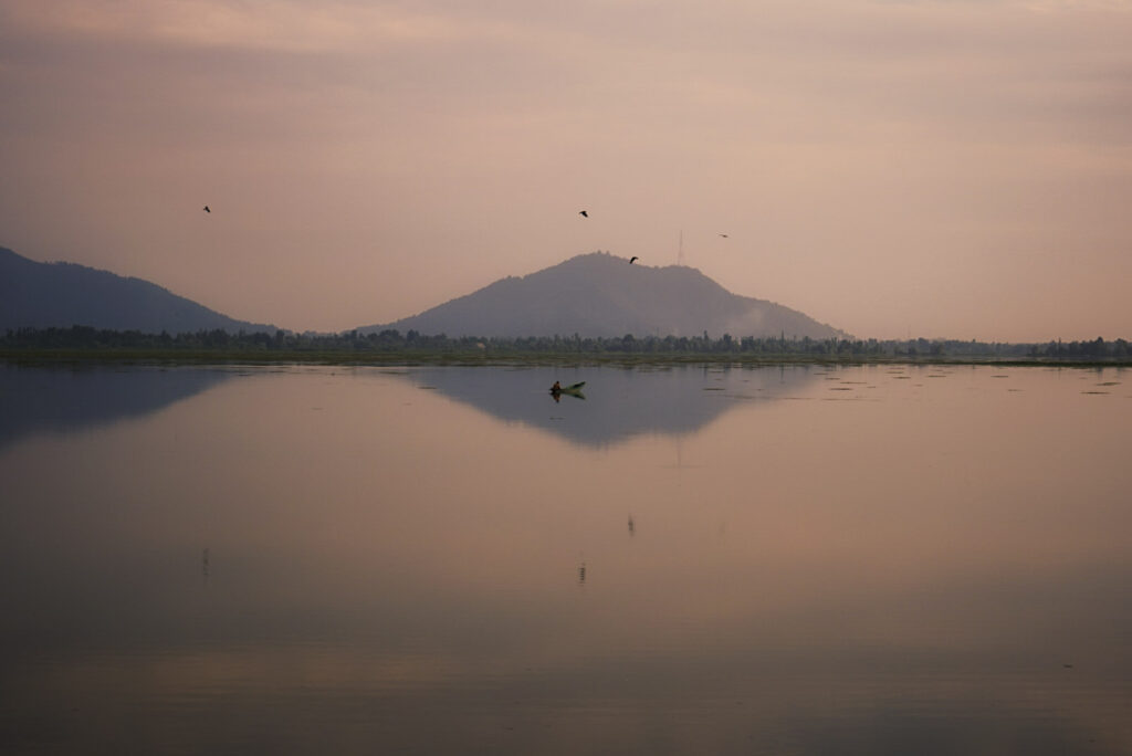 A lone fisherman on a wooden boat in the middle of Dal Lake in Srinagar, Kashmir, during sunset.